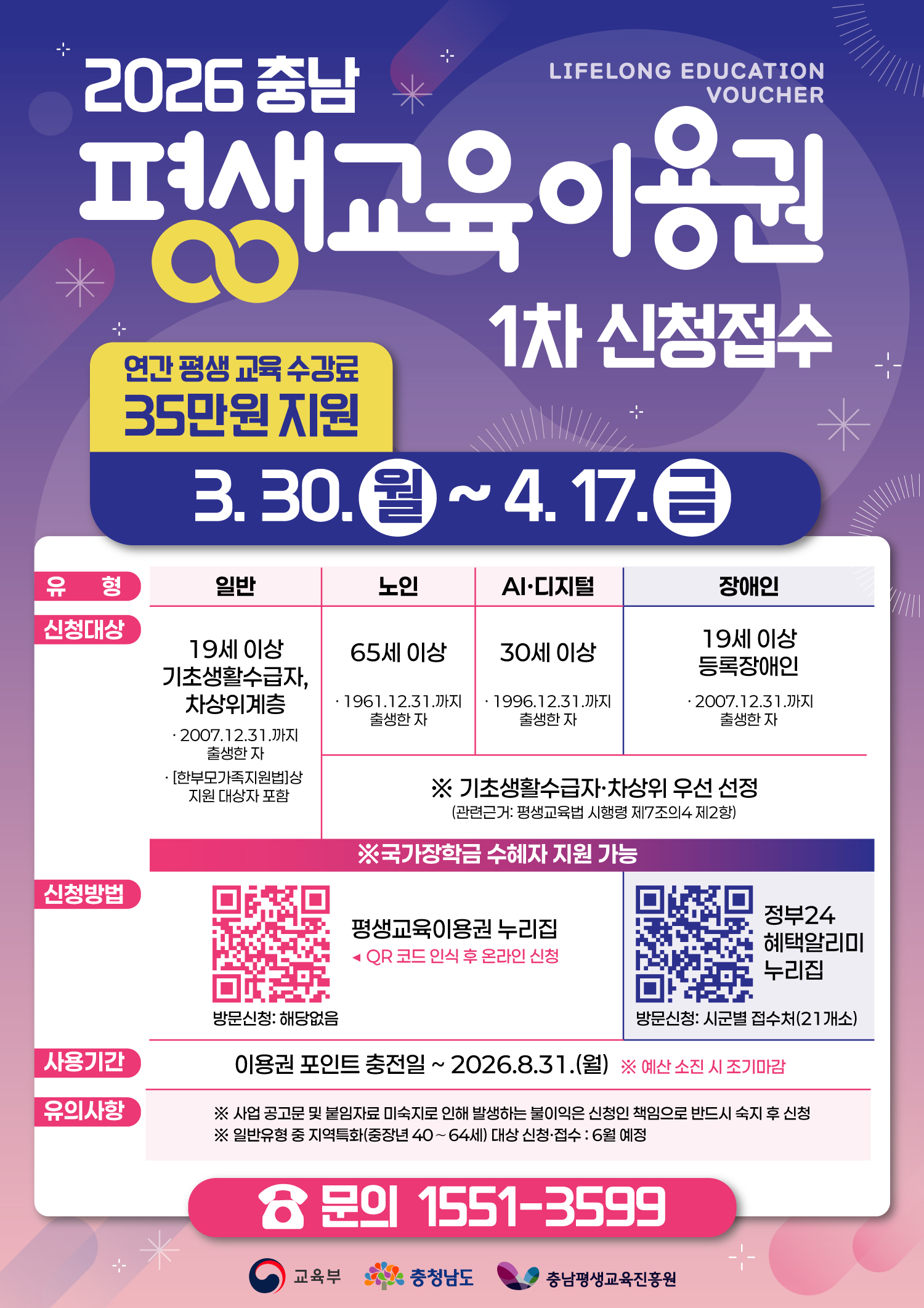 2026년 제 1차 충남 평생교육 이용권 신청 접수 안내